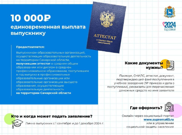 Первокурсники, вам будет интересен этот пост! Сегодня рассказываем о единовременной денежной выплате выпускникам Самарской области в размере 10 000 рублей. Подать заявление можно с 1 сентября и до 1 декабря 2024 года Первокурсники, вам будет интересен этот пост! Сегодня рассказываем о единовременной денежной выплате выпускникам Самарской области в размере 10 000 рублей. Подать заявление можно с 1 сентября и до 1 декабря 2024 года